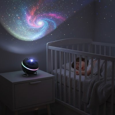 Veilleuse bébé avec projection étoilée au plafond, lumière douce et rassurante pour accompagner le sommeil de l’enfant