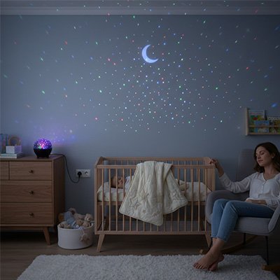 Projecteur étoiles rotatif 360° bébé, veilleuse ciel nocturne lumineuse pour endormissement.
