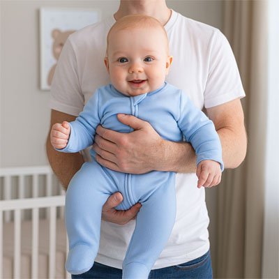 Happy baby in blue footed onesie, held by parent near crib for cozy sleep