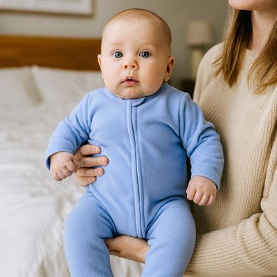Baby in blue sleep sack held by parent, cozy bedtime outfit for peaceful sleep