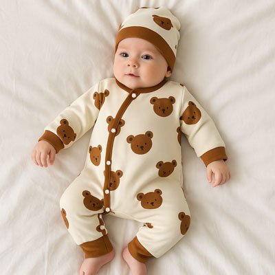 Baby in cozy bear-print onesie and matching hat for sweet sleep