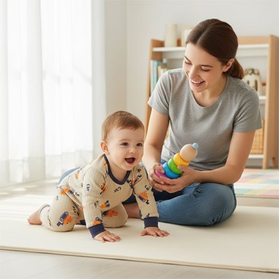 Baby in cozy pajamas playing with colorful toy, mom smiling nearby for gentle sleep support