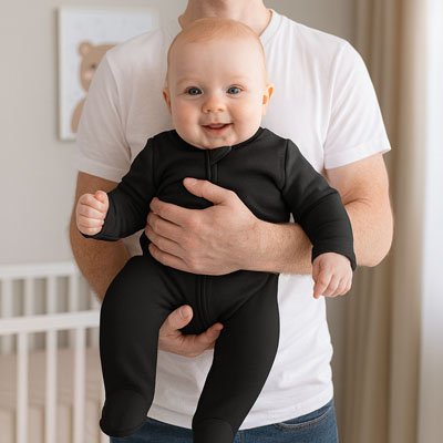 Baby in black footed onesie held by parent, cozy sleepwear for newborns