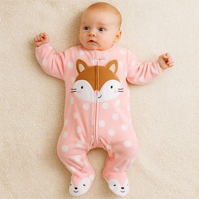 Baby in pink polka dot fox sleep suit for cozy, gentle sleep
