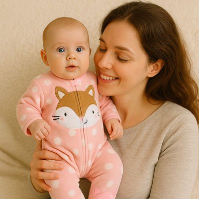 Baby in pink fox pajamas with polka dots, held by smiling mom for cozy sleep