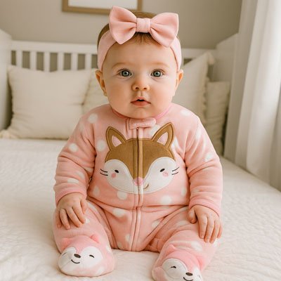 Baby in pink fox-themed sleepwear with bow headband, cozy nursery setting