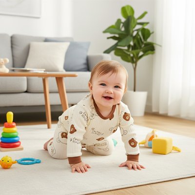Happy baby crawling on soft rug with colorful toys, cozy living room setting for baby comfort