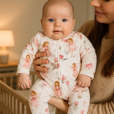 Baby in pink fairy print sleepwear, held gently for cozy bedtime comfort