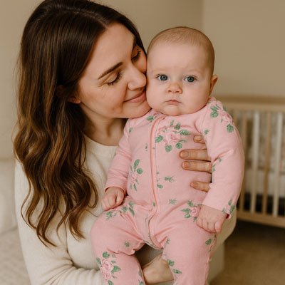 Mother holding baby in pink floral sleepwear, cozy nursery setting for gentle bedtime routines