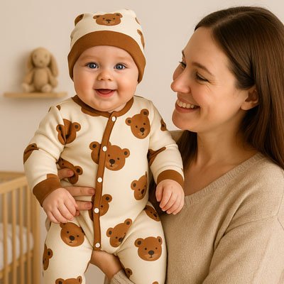 Baby in cute bear print onesie and hat, held by smiling mom, cozy nursery setting