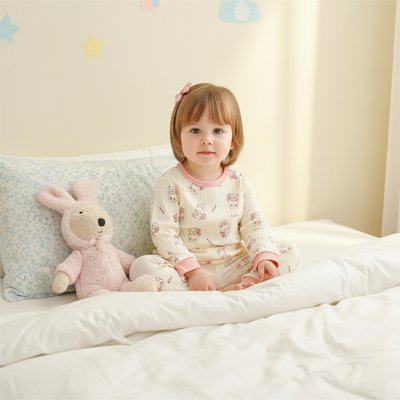 Baby in cozy pajamas with plush bunny, soft bedding for sweet sleep