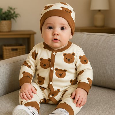 Baby in cozy bear-print sleepwear set, perfect for gentle nights and sweet dreams
