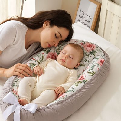 Baby sleeping peacefully in floral bassinet with mom nearby, cozy nursery setting for gentle sleep