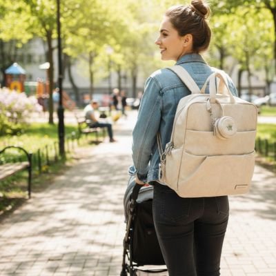 Mom carrying beige diaper bag while pushing stroller in sunny park, ideal for baby essentials and on-the-go comfort
