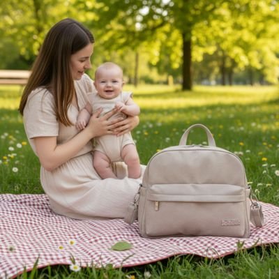 Mom holding baby on picnic blanket with beige diaper bag, enjoying sunny park day