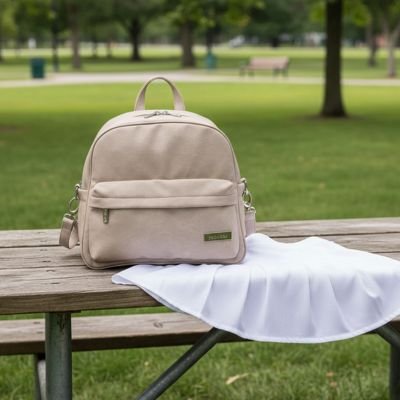 Beige baby diaper bag on park bench with white blanket, ideal for outings and baby essentials