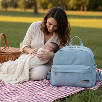 Mother holding newborn baby on picnic blanket with light blue diaper bag, outdoor baby essentials