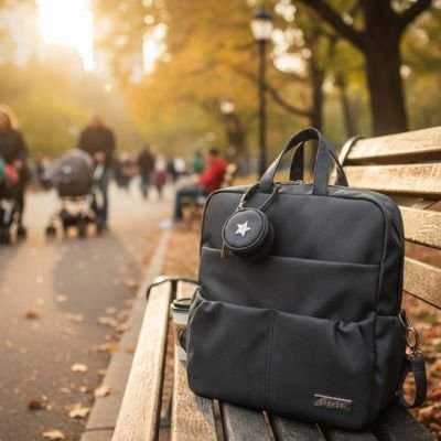 Black diaper bag with star accent on park bench, perfect for baby essentials and outings