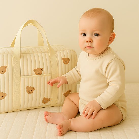 Baby in cream onesie sitting beside teddy bear print diaper bag, soft nursery bedding background