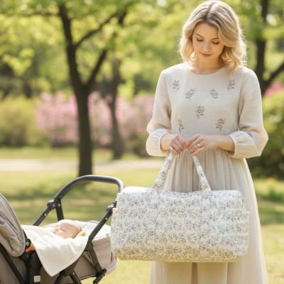 Mother holding floral diaper bag beside stroller in sunny park, baby sleeping peacefully