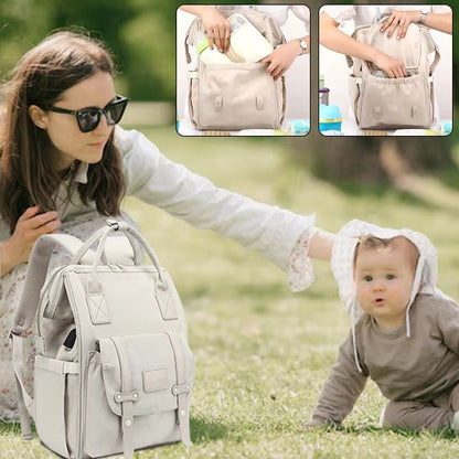 Stylish beige diaper bag with mom and baby outdoors, perfect for comfortable parenting essentials