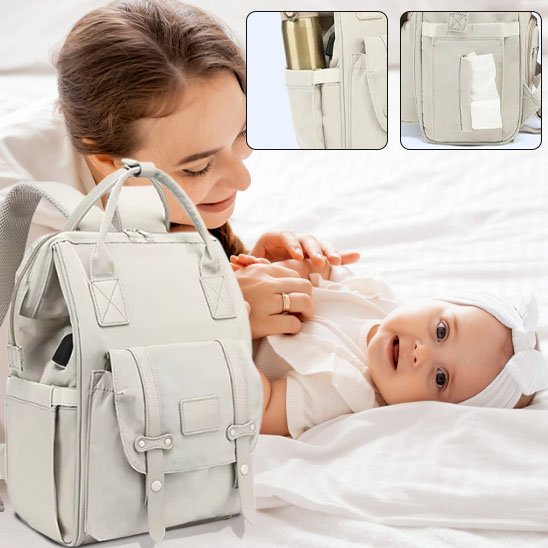 Stylish beige diaper bag with mom and baby, perfect for comfortable parenting essentials