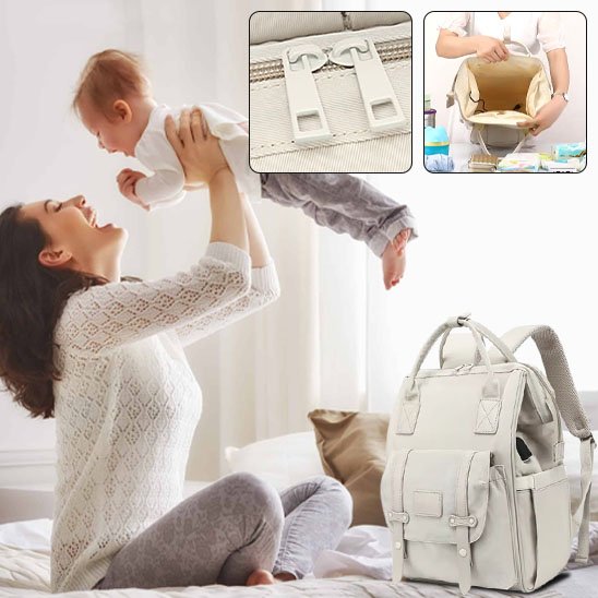 Mother holding baby with stylish diaper bag, perfect for baby essentials and comfortable outings.