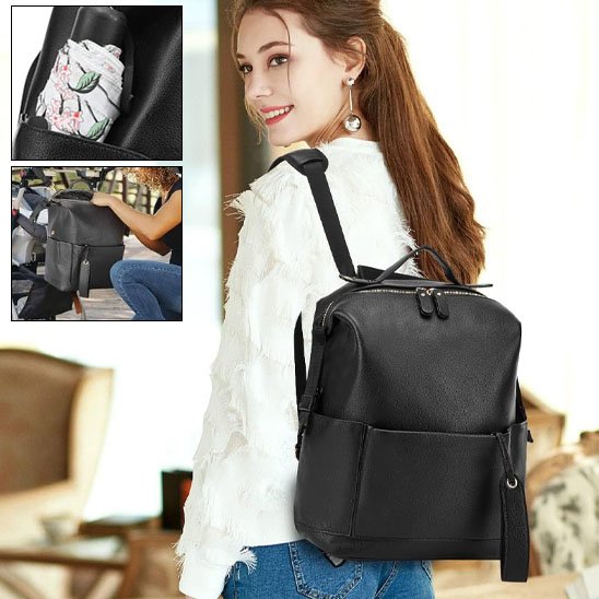 Stylish black leather backpack for women, perfect for travel or daily use with multiple pockets and comfortable straps.