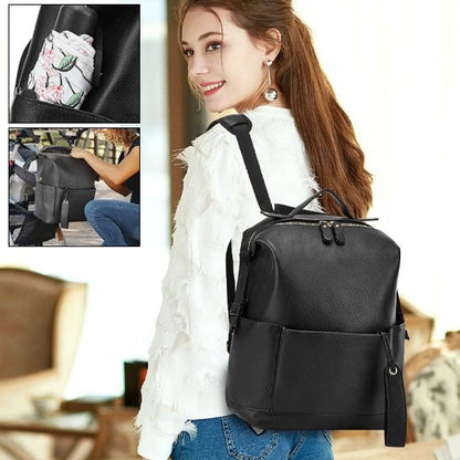 Stylish black leather backpack for women, perfect for travel or daily use with multiple pockets and comfortable straps.