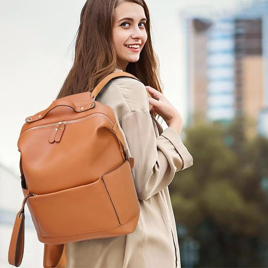 Stylish tan leather backpack for moms, perfect for baby essentials and daily outings