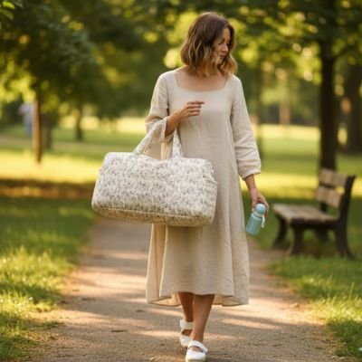 Woman carrying floral diaper bag, walking in park with baby bottle, stylish maternity essentials
