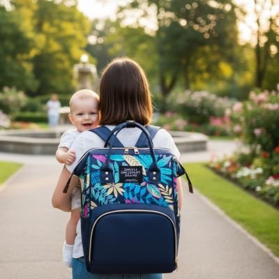 Mom carrying baby with floral diaper bag in park, perfect for baby essentials and on-the-go comfort