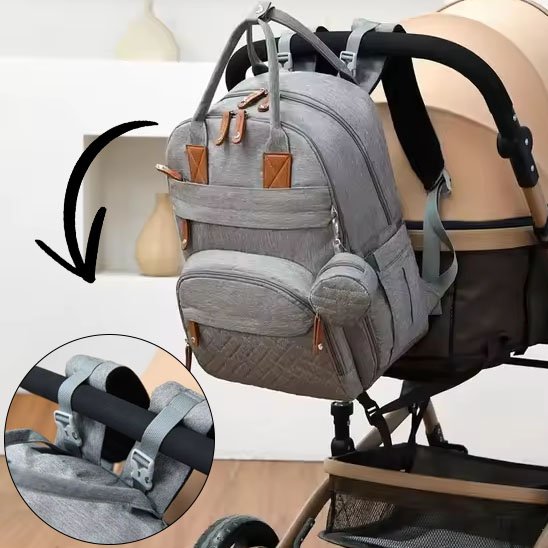 Gray baby diaper bag backpack with stroller straps, perfect for baby essentials and on-the-go comfort.
