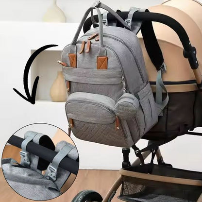 Gray baby diaper bag backpack with stroller straps, perfect for baby essentials and on-the-go comfort.