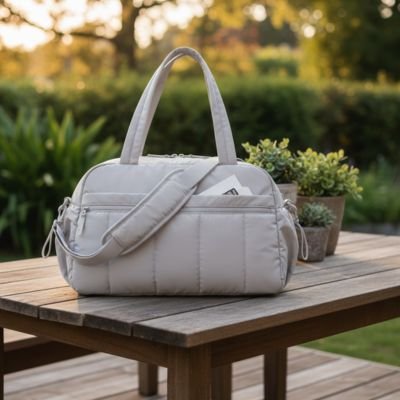 Stylish beige diaper bag with quilted design, perfect for baby essentials, set on wooden table outdoors