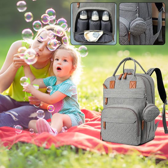 Gray diaper bag backpack with bottle pockets, perfect for baby outings and picnics with mom and child