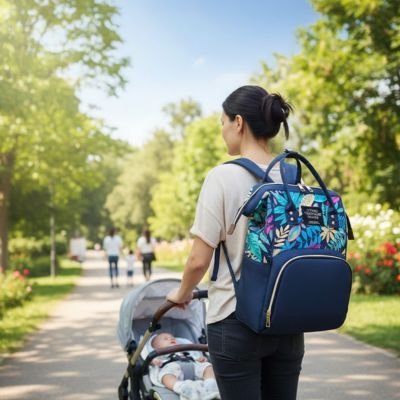 Mother pushing stroller with baby, wearing floral diaper bag in park