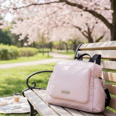 Pink quilted diaper bag on park bench under cherry blossoms, perfect for baby outings and strolls