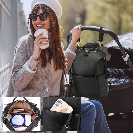 Stylish black diaper backpack for moms, featuring organized pockets and stroller attachment, perfect for baby essentials on the go.