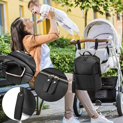 Black diaper bag with stroller hooks, perfect for baby essentials on the go