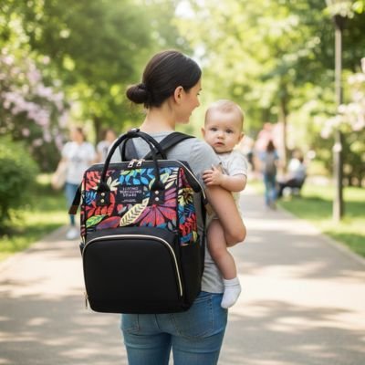 Mom carrying baby with colorful floral diaper bag in park, perfect for baby essentials and on-the-go comfort