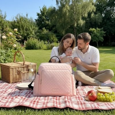 Family picnic with baby, pink diaper bag, and fresh fruits on checkered blanket in garden