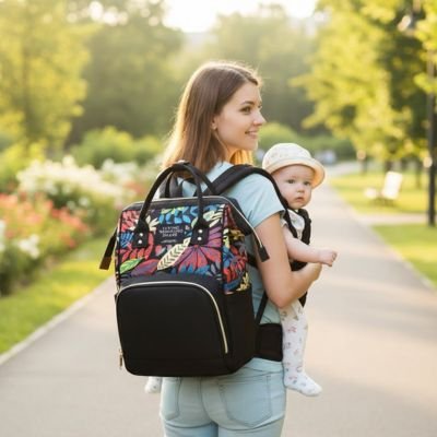 Mom carrying baby in carrier with colorful diaper backpack, walking in park for baby essentials and comfort