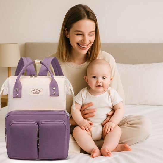 Purple diaper bag with mom and baby on bed, cozy parenting essentials for comfortable nights