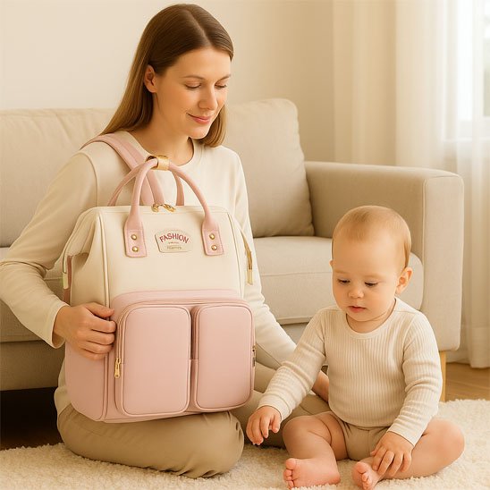 Mom holding stylish pink diaper bag with baby sitting nearby, cozy home setting