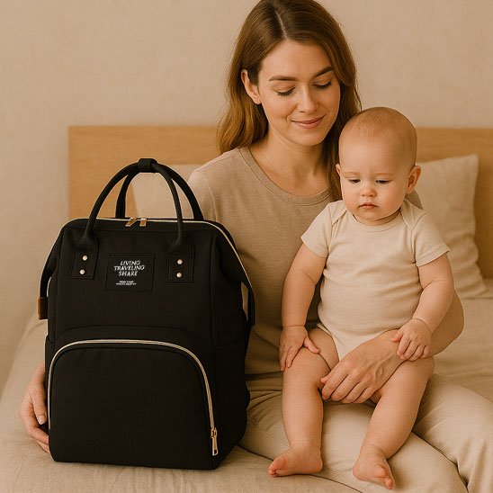 Black diaper bag with gold zippers, mom holding baby on bed, cozy nursery setting