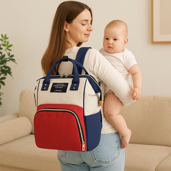 Mom carrying baby with red and blue diaper bag, perfect for on-the-go parenting essentials