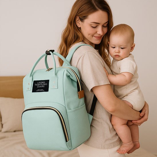 Mint green baby diaper bag with gold zippers, worn by mom holding infant, perfect for travel and daily use