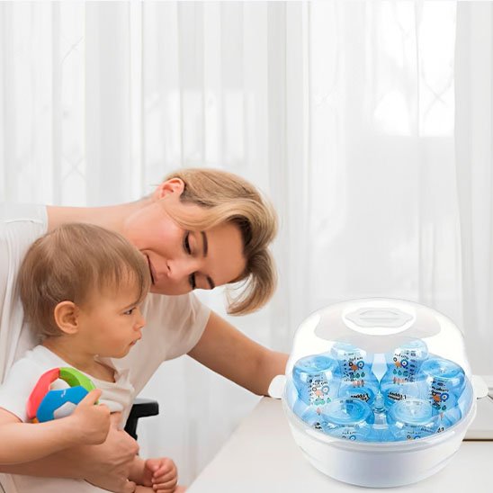 Mother and baby with blue baby bottles in sterilizer, cozy nursery setting