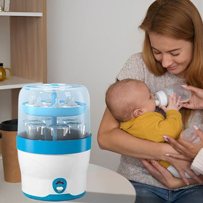 Baby bottle sterilizer with mom feeding baby, cozy parenting essentials for safe, soothing nights